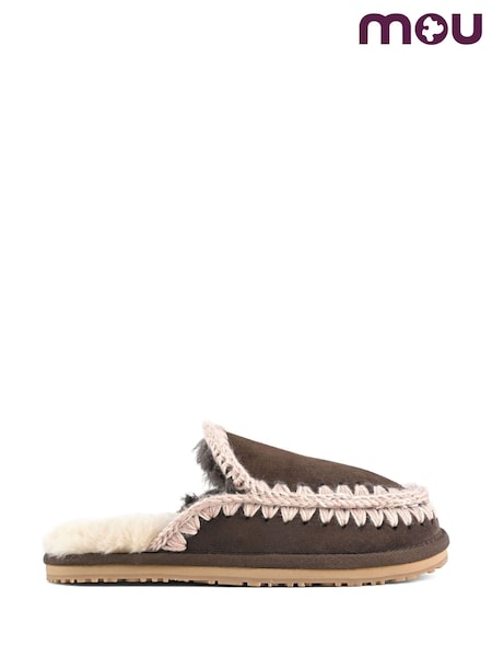 Brown - Mou Suede Full Eskimo Sheepskin Lined Stitch Mule Slippers