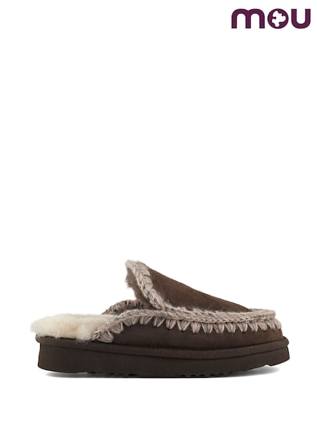 Brown - Mou Suede Full Eskimo Sheepskin Lined Flatform Stitch Mule Slippers