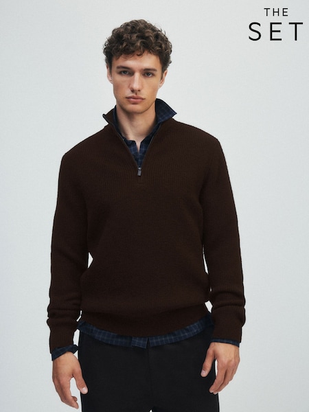 Brown - Regular The Set 2 Pack Textured Half Zip Knit Jumpers