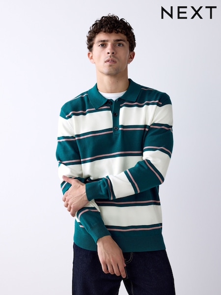 Green/White - Regular Striped Knitted Rugby Shirt