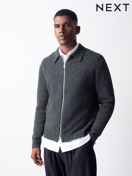 炭灰色 - Regular Cosy Knitted Zip Through Jacket