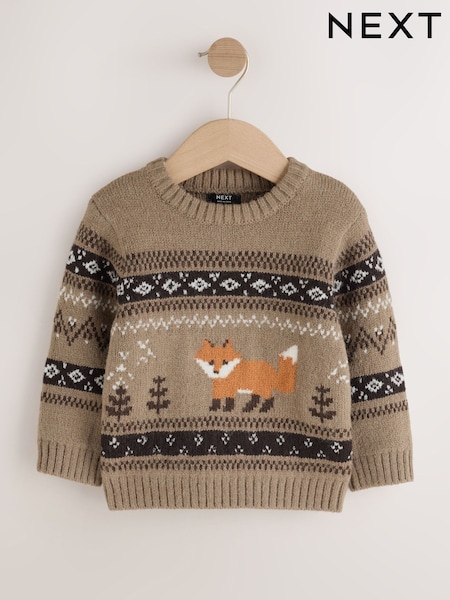 Vison Marron Fox - Pull à col rond tricoté à motif de personnage (3mois -7an)