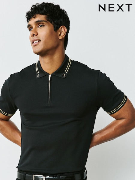 أسود - Regular Tipped Gold Trident Zip Neck Polo Shirt