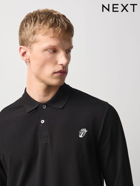 أسود - Rolling Stones الرسمي - Regular Fit Long Sleeve Pique Polo Shirt