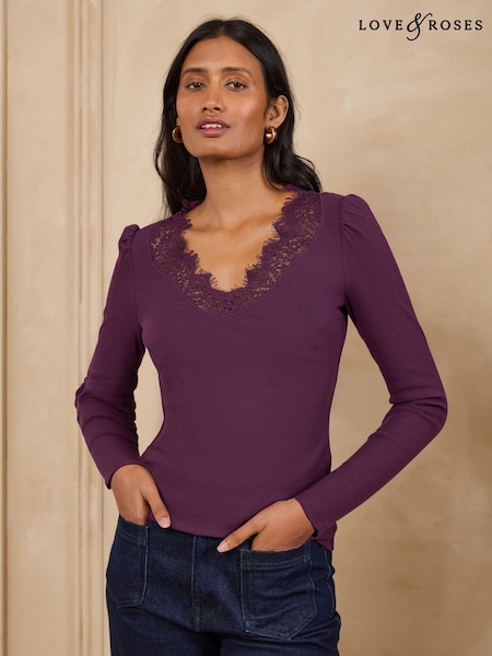Burgundy Red - Love & Roses Long Sleeve Lace V-neck Ribbed Jersey Top