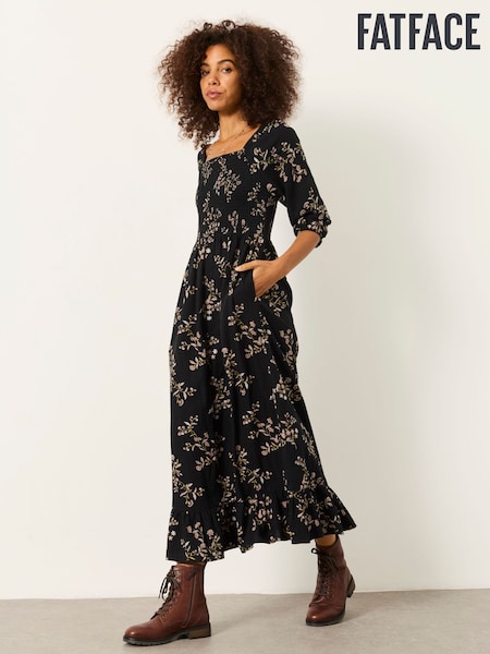 Black Vintage Floral - Fatface Midi Dress