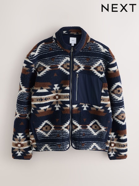 Navy Blue/Brown Geometic Print - Regular Printed Borg Quarter Zip Fleece