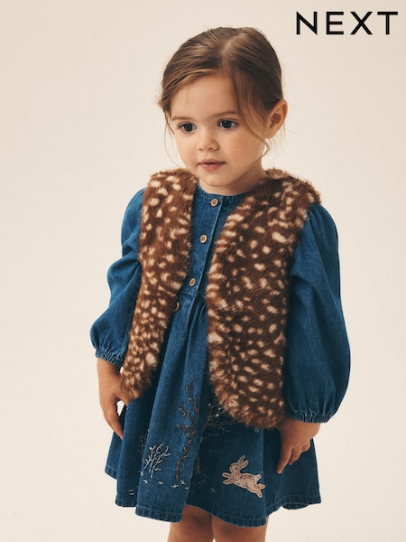 Blue - Faux Fur Gillet And Denim Embroidered Dress (12mths-8yrs)