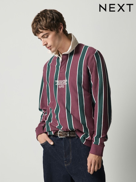 Burgundy/Green - Regular Vertical Stripe Cotton Rugby Shirt