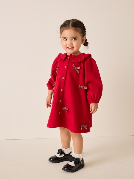Červená - Cord 3d Bow Collar Dress (3mths-8yrs)
