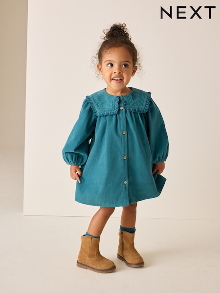 Teal Blue - Collar Detail Long Sleeve Cord Dress (3mths-8yrs)