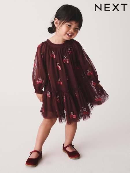 Бургундия қызылы - Cherry Sequin Mesh Occasion Dress (3mths-8yrs)