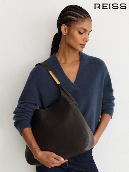 Шоколадный - Reiss Sabine Leather Hardware-detail Tote Bag