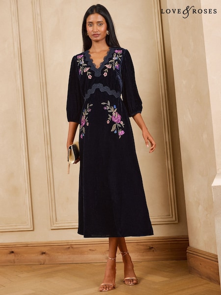 Navy Floral - Love & Roses Embroidered Lace Detail Velvet Midi Dress