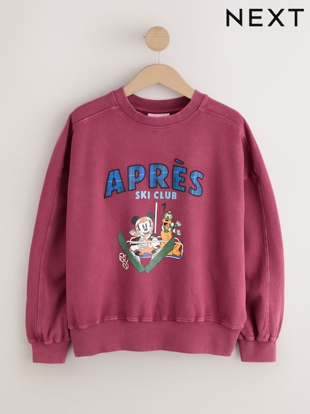 Burgundy Red - Washed Mickey Mouse License Ski Graphic Sweatshirt