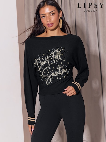 Μαύρο - Lipsy Slash Neck Tinsel Dont Tell Santa Christmas Knit Jumper