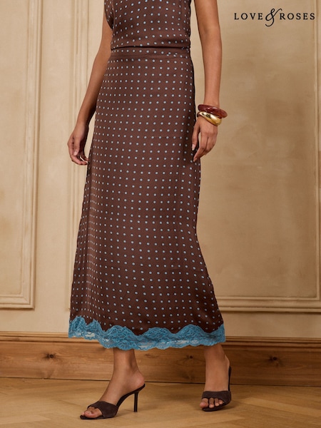 צבע חום שוקולד בדוגמת נקודות פולקה - Love & Roses Lace Hem Satin Midi Skirt