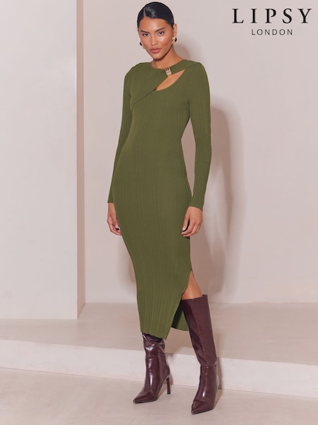 Verde oliva - Vestido a media pierna de punto con detalle de aberturas de Lipsy