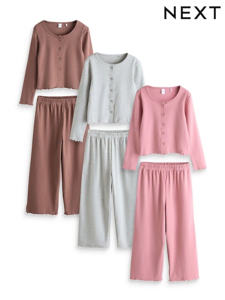 Pink/Grey/Brown - Cardigan Wide Leg Pyjamas 3 Pack (3-16yrs)