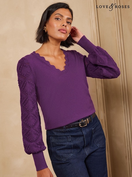 Күлгін - Love & Roses Stitch Sleeve Detail Scalloped V-neck Knitted Jumper