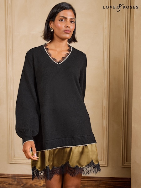 Black - Love & Roses Lace Detail V-neck Woven Mix Knitted Mini Dress