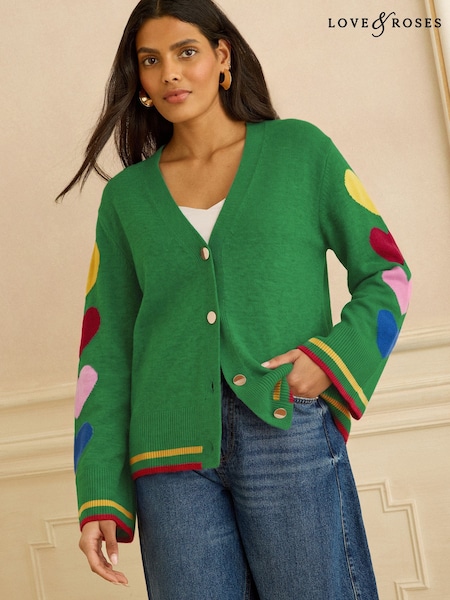 Green Heart Detail - Love & Roses V-neck Knitted Cardigan