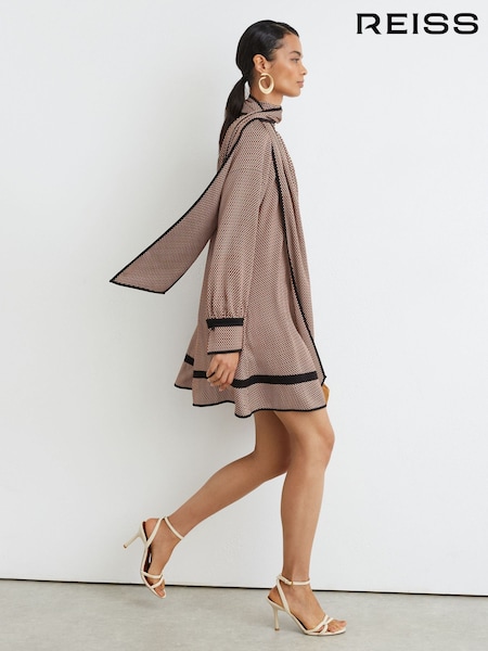 Red - Reiss Alwen Printed Scarf-neck Swing Mini Dress