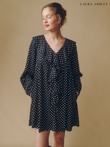 Monochrom - Laura Ashley Dancing Dot Spot Ruffle Mini Dress