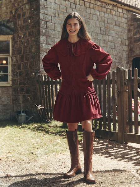 Burgundy Punainen - Laura Ashley Cord Embroidered Statement Scalloped Collar Tea Dress