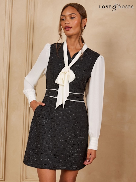 Black - Love & Roses Tailored 2 In1 Boucle Dress With Sheer Sleeves
