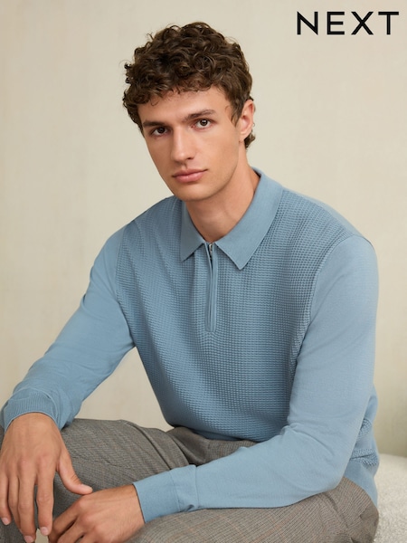 Blue - Regular Smart Textured Quarter Zip Knitted Polo Shirt