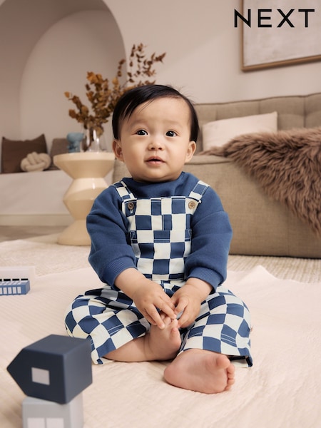 Navy Blue Checkerboard - Baby Twill Dungarees And Bodysuit Set (0mths-2yrs)