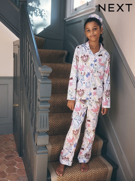 White/Pink Printed - Satin Button Through Pyjamas (3-16yrs)