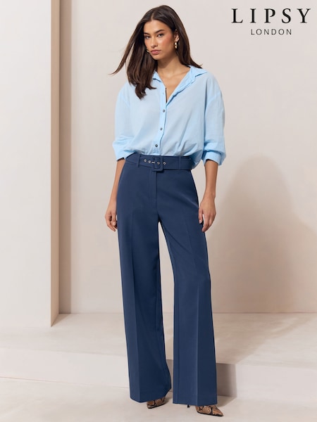 Navy - Lipsy Tailored Belted Wide Leg Trousers