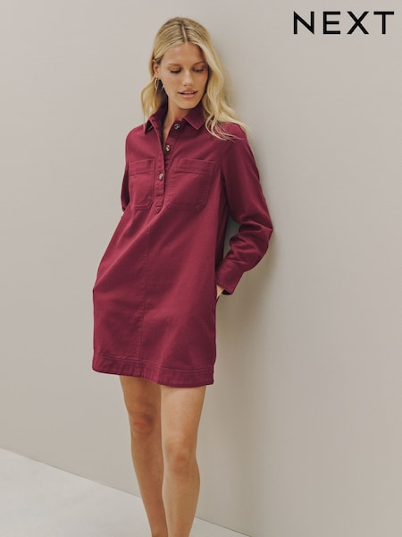 Burgundy Red - Long Sleeve Mini Twill Dress