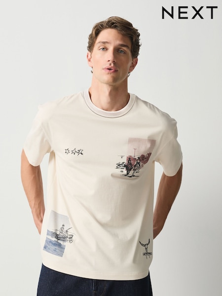 Ecru Cowboy - Relaxed Fit Graphic Print Heavy Weight T-shirt