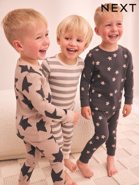 Brown/Cream Stars - Snuggle Pyjamas Set 3 Pack (9mths-12yrs)