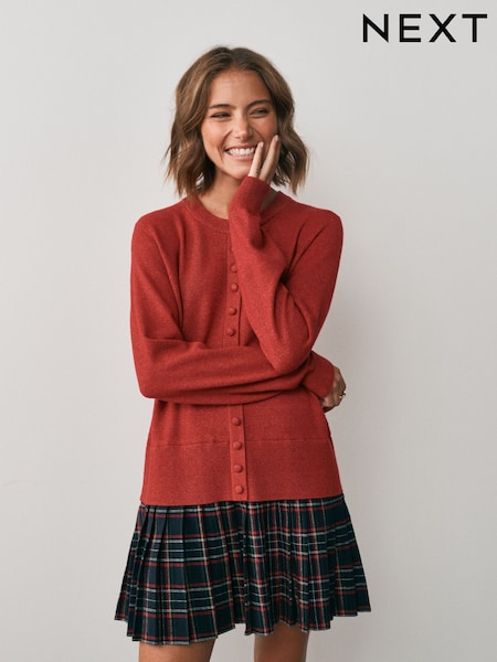 Red - Long Sleeve Cardigan 2 In 1 Mini Dress