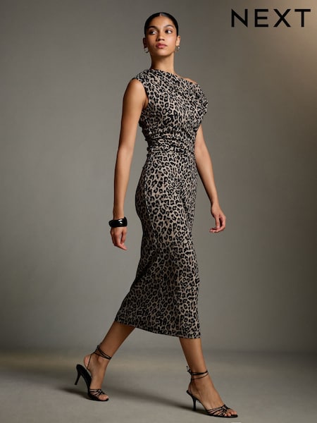 Animal - Off Shoulder Draped Ruched Occasion Midi Dress