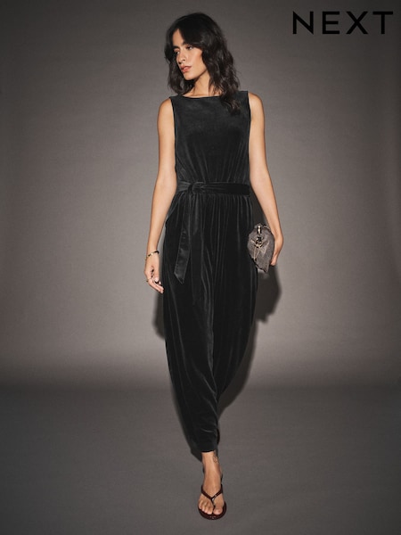 Black - Sleeveless Barrel Leg Velvet Jumpsuit