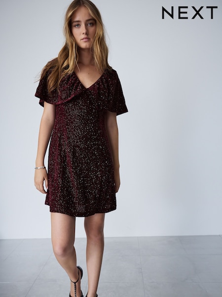 Red Sequin - Cape V-neck Mini Dress