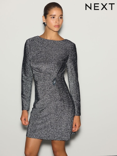 Silver - Long Sleeve Side Ruched Hardware Mini Dress
