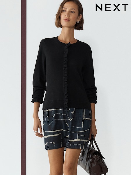 បោះពុម្ពខ្មៅ - Long Sleeve Frill Cuff Knit Cardigan 2 In 1 Mini Dress