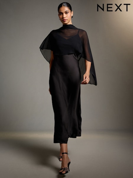 Black - Asymetric Sheer Cape Textured Satin Midi Dress