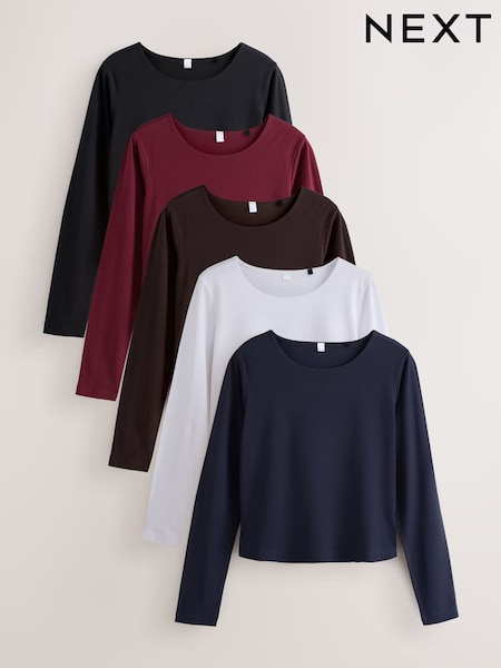 Multi - Long Sleeve Crew Neck Fitted T-shirts 5 Pack