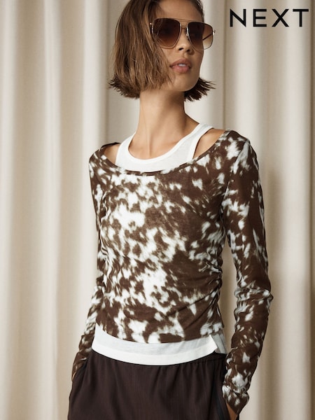 Deer Print - Layered Long Sleeve Top