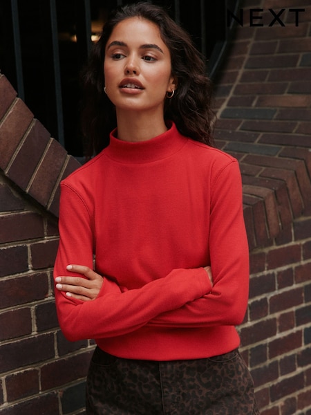 אדום - Ribbed Stand Neck Long Sleeve Top
