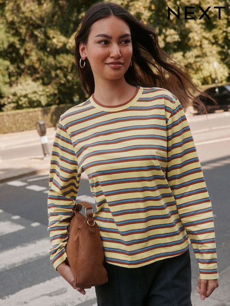 Yellow/Grey Stripe - Long Sleeve Crew Neck T-shirt
