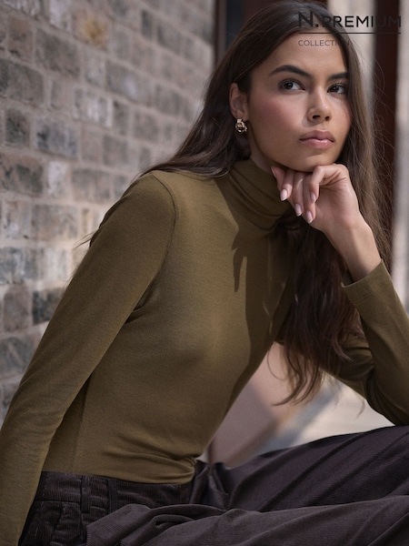 Olive Green - N.premium Wool Roll Neck Long Sleeve T-shirt