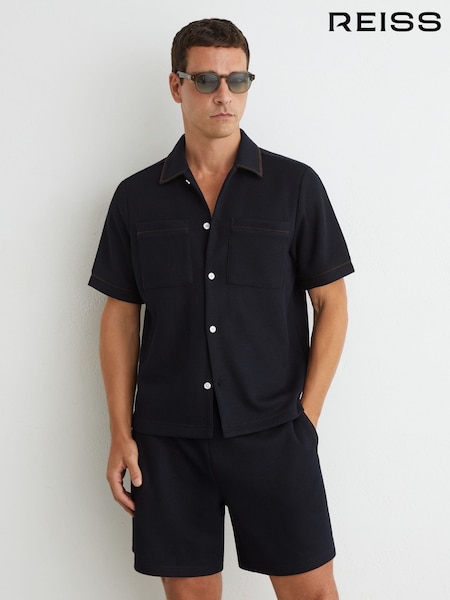 Navy - Regular Reiss Weaver Textured Piped Short-sleeve Shirt